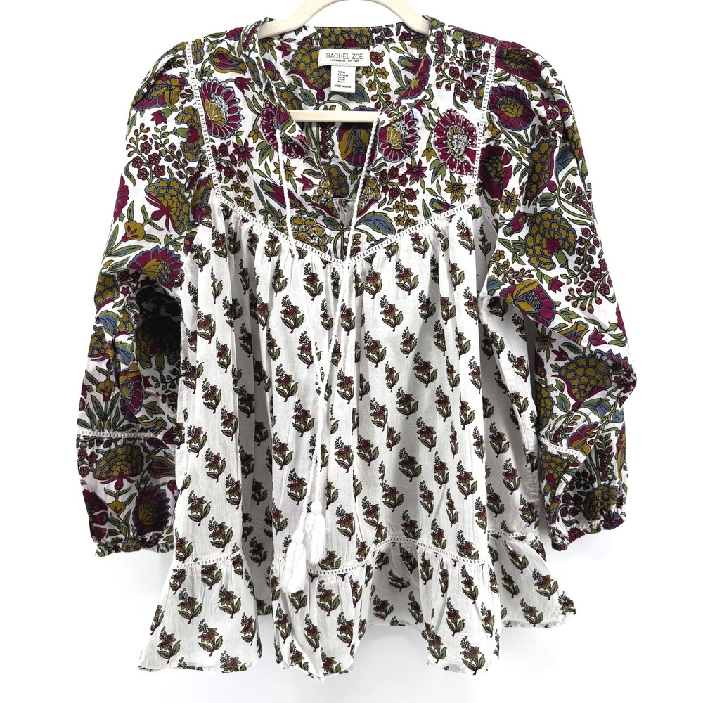Rachel Zoe Peasant Top Womens Medium White Floral Boho Tassel Cottagecore Blouse